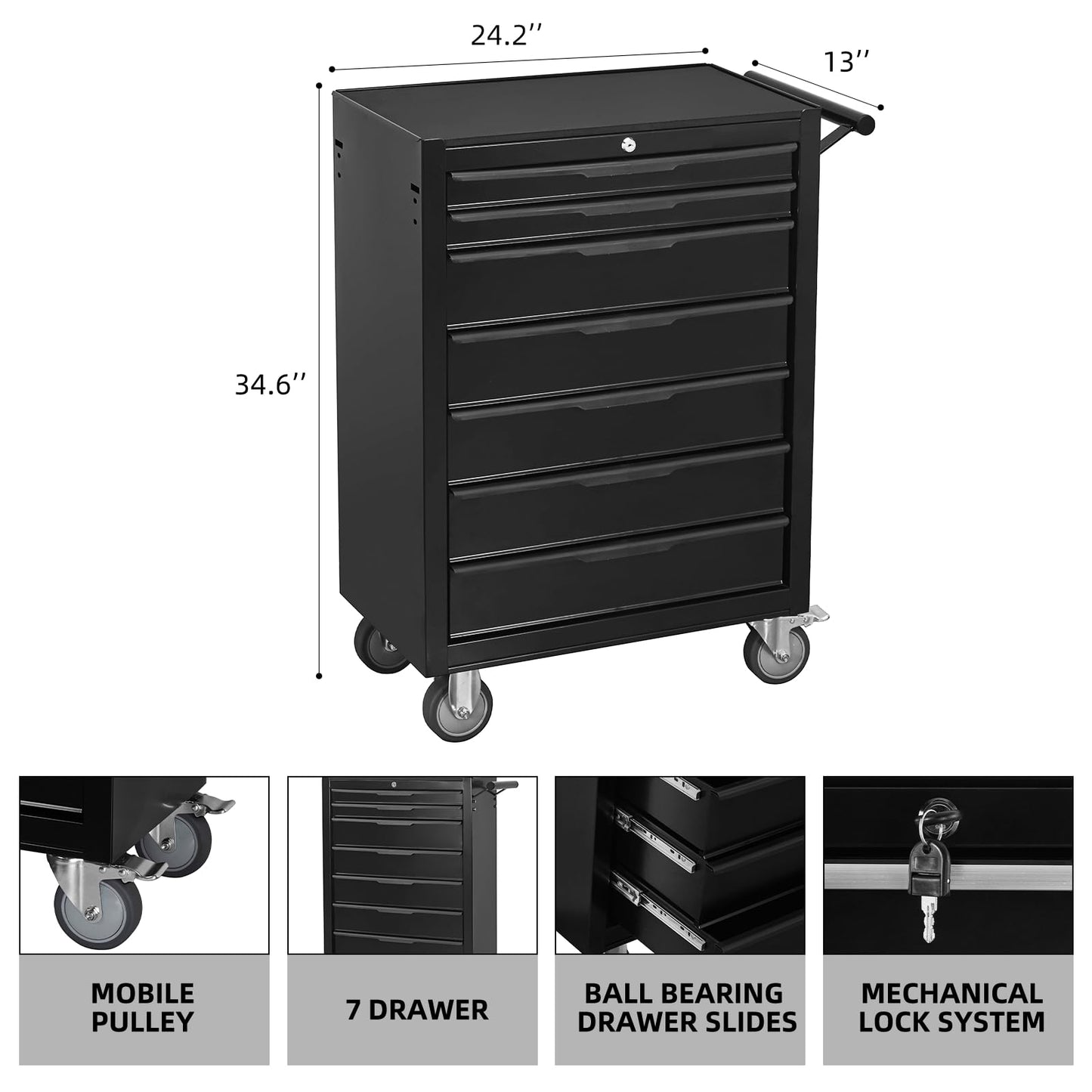 QSOSTNS 7-Drawer Rolling Tool Chest Cabinet, Large Capacity Metal Tool Box with Wheels and Keyed Locking, Roll Around Storage Organizer Tool Cart for Garage, Warehouse, Work Shop (Black)