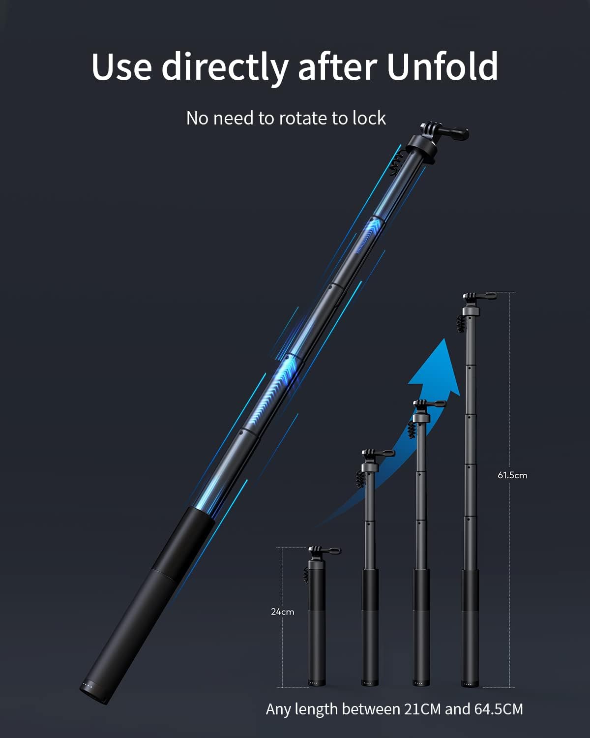 WOLFANG GB2200 2600mAh Travel(24-60CM) Rechargeable Selfie Stick with Rechargeable Battery, Selfie Stick Black Rotation