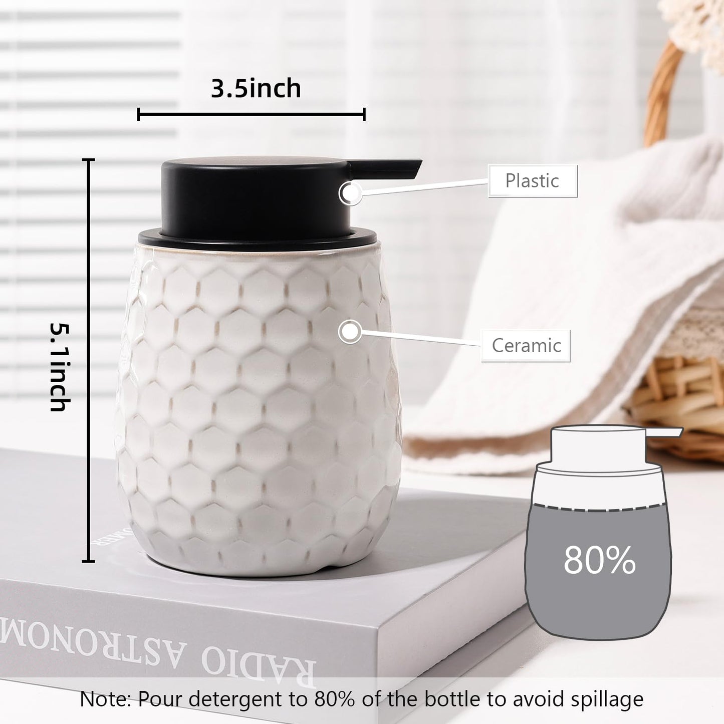 Soap Dispenser, 12 OZ Ceramic Liquid White Hand Soap Dispenser with Honeycomb Design for Kitchen or Bathroom, Refillable Dish Lotion Dispenser, ANTIS'S HOME