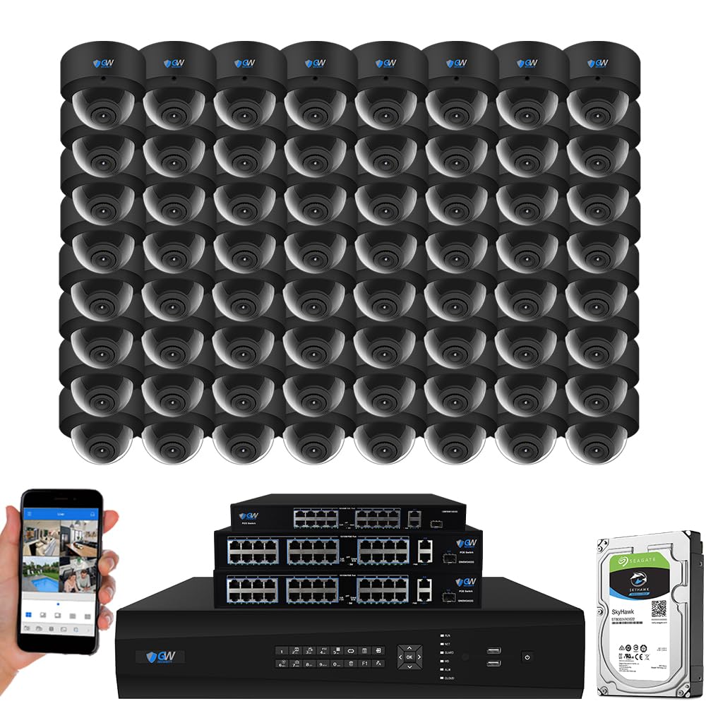 GW Security 64 Channel 12MP NVR UltraHD 4K Face/Human/Vehicle AI Detection Commercial Security Camera System with 64 x 8MP Waterproof Microphone 135° Wide Angle Outdoor Indoor PoE Dome Cameras (Black)