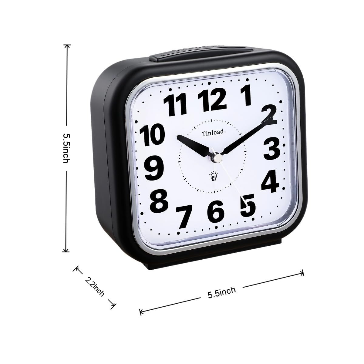 Tinload 5.5" Large No Ticking Analog Alarm Clock,Silent Readable for Seniors,Easy to Set,Gradual Rise Alarm,Big Numbers,Gentle Wake,Snooze, Lighted on Demand,Battery Operated,Black