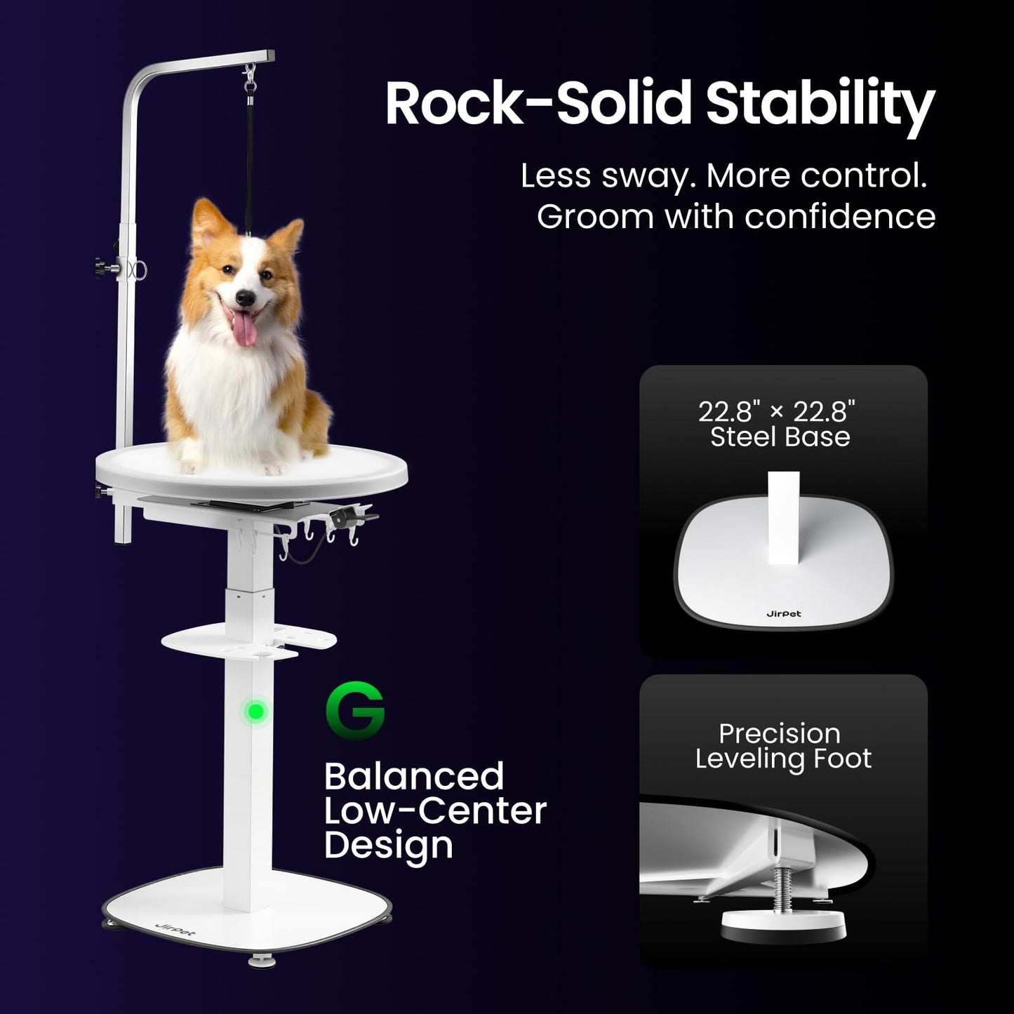 JirPet Pet Grooming Table with Full-Surface Lighting for Small Dogs, Hydraulic Lift, Designed for Long-Term Use, Over 50,000 Lifts, 32in-46in Height Adjustable, Stable Base, Hair-Resistant