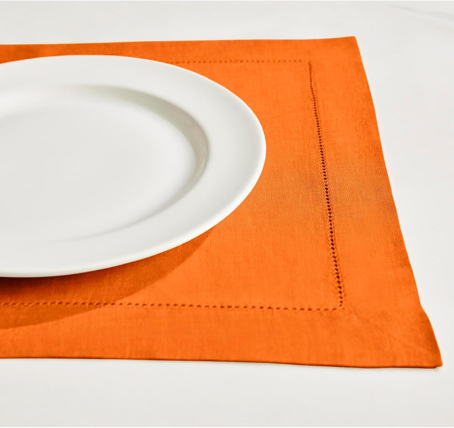 Solino Home Linen Cloth Placemats Set of 6-100% Pure Linen Hemstitch Pumpkin Placemats 14 x 19 Inch - Sonoma Hemstitch Table Place Mats