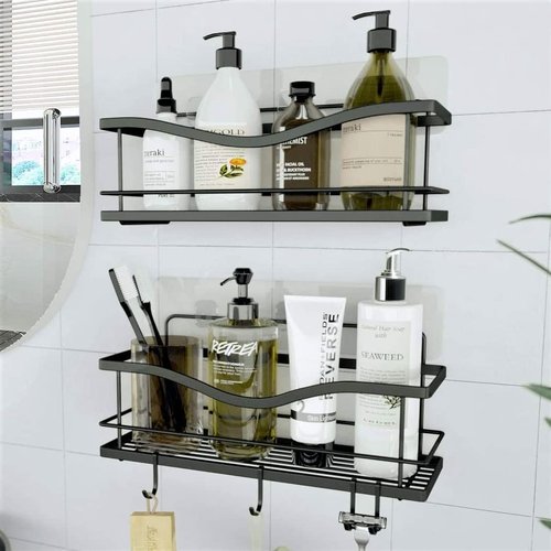 KINCMAX Premium Shower Caddy - Rustproof Stainless Steel Organizer with 4 Hooks | No Drill, Matte Black