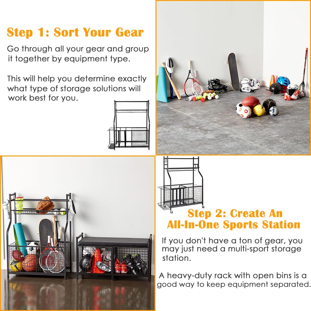 Snail Garage Storage System Sports Equipment Organizer with Baskets and Hooks, Sports Gear and Ball Storage Rack with Wheels for Garages, Playgroup, Gym and Schools, Powder Coated Steel, Black
