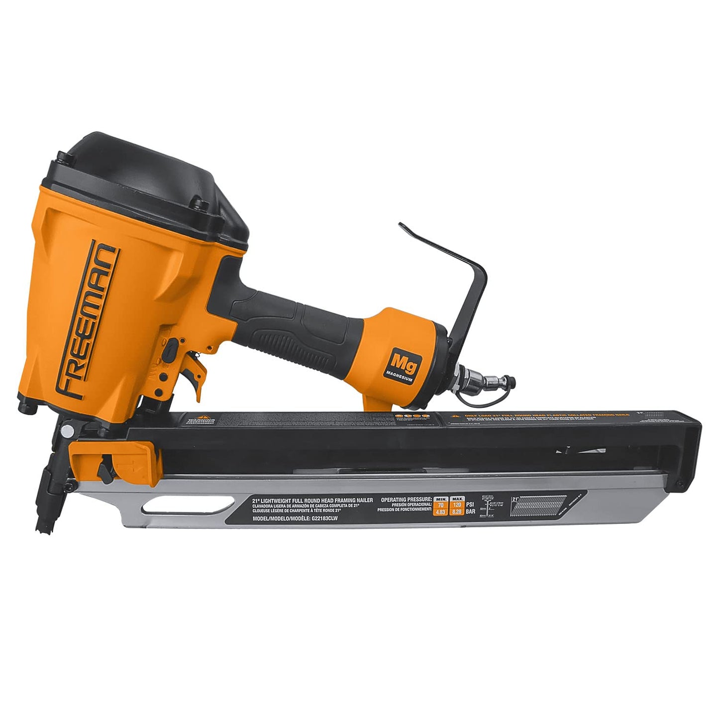 Freeman 2nd Generation Compact Lightweight Pneumatic 21° 3-1/4" Framing Nailer with Adjustable Metal Belt Hook and 1/4" NPT Air Connector | G22183CLW