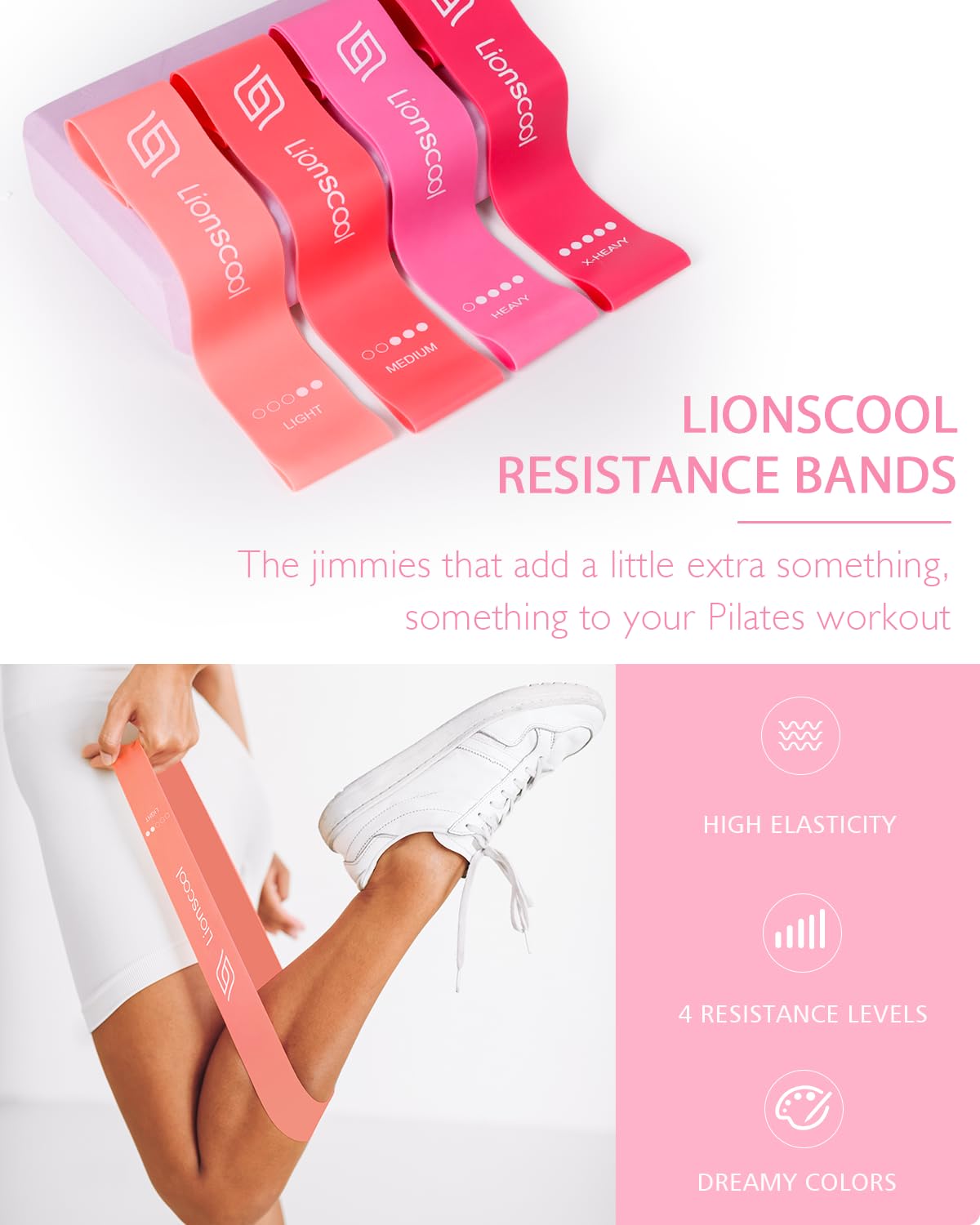 LIONSCOOL Pilates Ring Set (Pink) - 14" Anti-Deformation Magic Circle with Padded Handles, 9" Mini Ball, Elastic Latex Resistance Bands, Guide & Bag