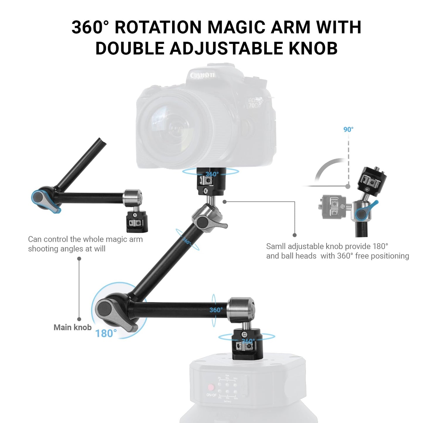 Heavy-Duty Articulating Magic Arm Mount with Super Clamp, 360° Dual Ball Head & 1/4" ARRI Locating Pin&Holes, Camera Monitor Mount for Action Camera Video LED Light (11" Magic Arm w/Clamp)