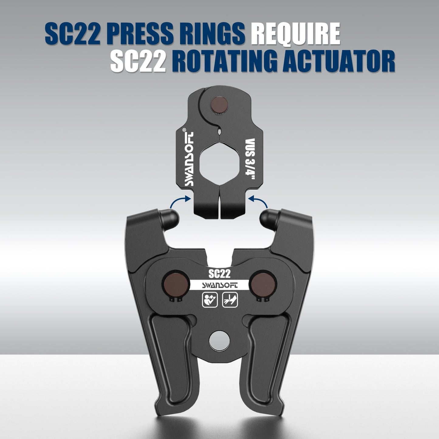 SWANSOFT SC22 Copper Press Rings Kit - 4Pcs Press Rings 1/2" To 1-1/4" Rings & 180° Rotating Actuator Suit for Narrow/Tight-Angle Pressing Solution | Fits 22-24kN Compact Pro Press Tools &Storage Case