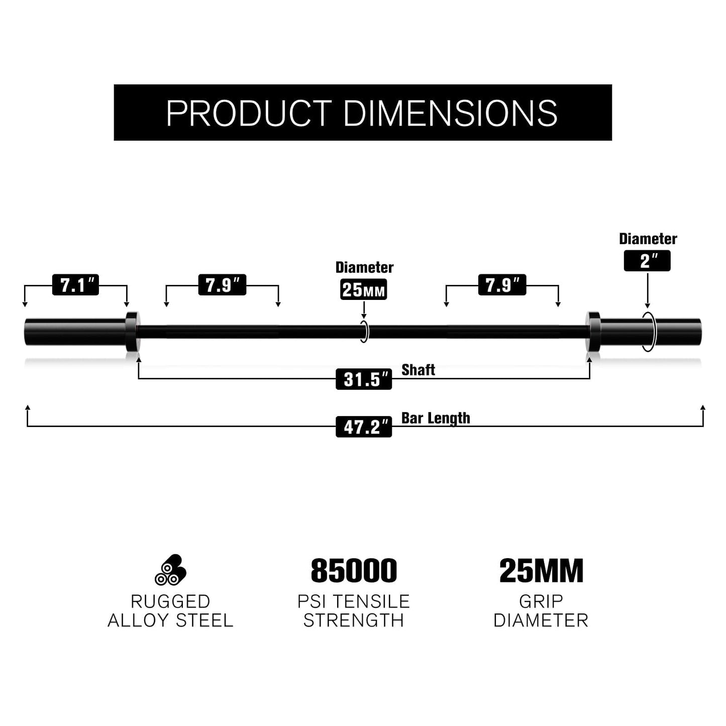 RITFIT Olympic Barbell 4ft/6ft - 2 Inch Weight Bar for Strength Training, Weightlifting, Squat, Deadlift, Bench Press, Curl, Overhead Press - 350lbs/500lbs Capacity 4FT Black with Collar