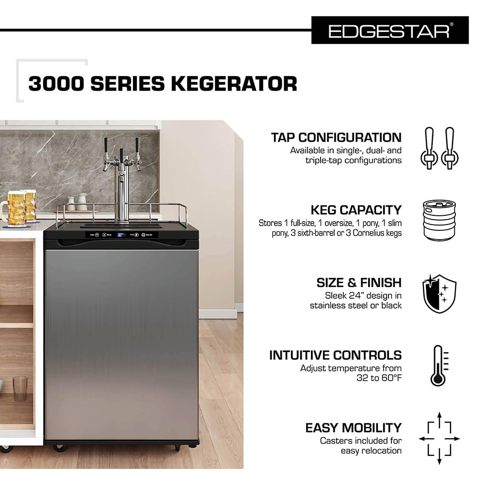 EdgeStar KC3000SSTWIN Full Size Dual Tap Kegerator with Digital Display - Black and Stainless Steel