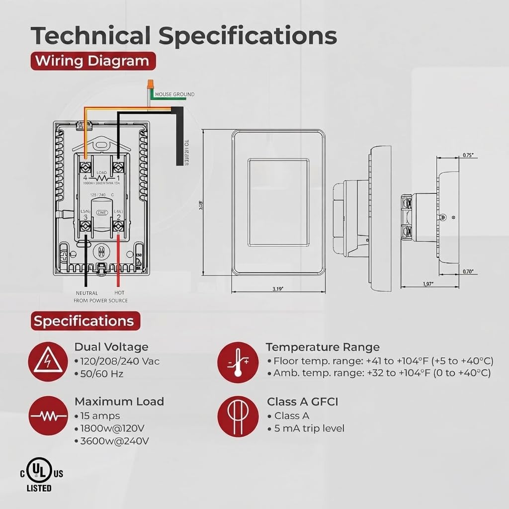 Warming Systems Electric Radiant Floor Heating Thermostat, Touch Screen Programmable Thermostat with GFCI, 120V or 240V, with Intuitive Screen Interface, UDG4-4999, Includes Floor Sensor
