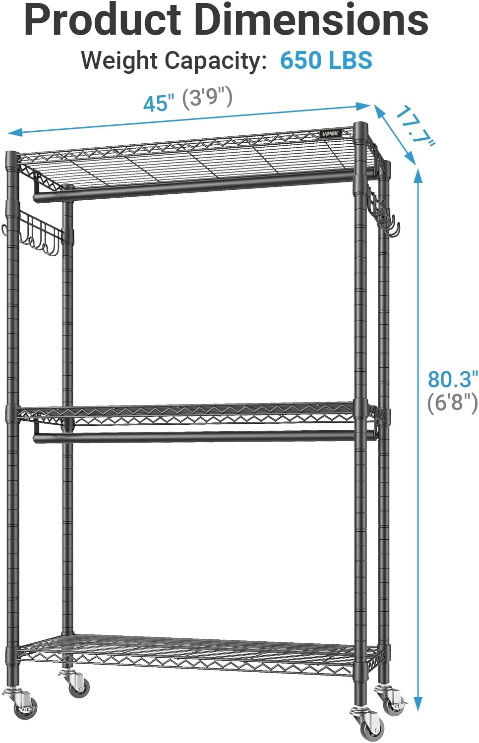 VIPEK R2 Plus Heavy Duty Garment Rack - Adjustable 3-Tier Wire Shelving with Double Rods & Hooks | Black