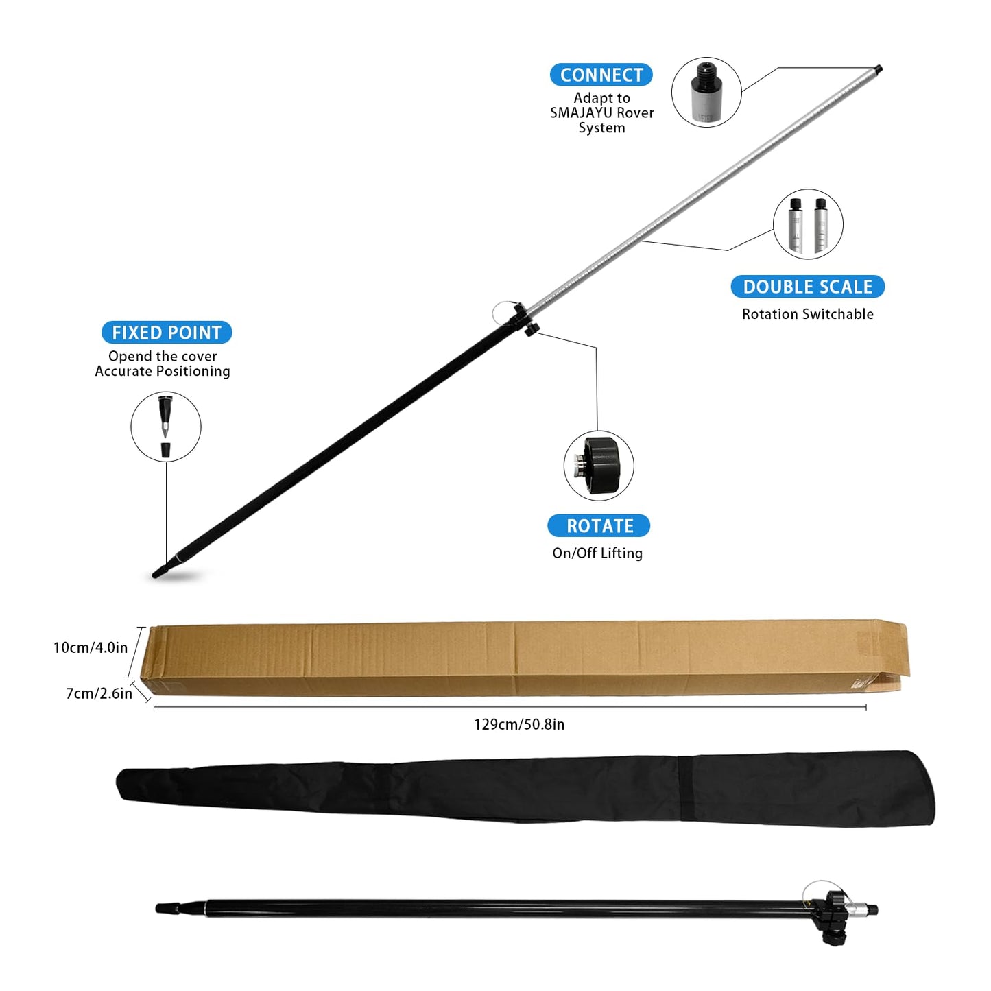 2.2M/7.22FT Carbon Fiber and Aluminum GPS Pole with Carry Bag, Telescopic Range Pole of Level Bubble, Rover Rod RTK GNSS Surveying Tool, Portable Prism for Surveying & Engineering, Meter and Feet, Universal Standard