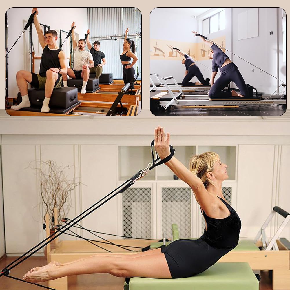 CALFOVERA 2Pcs PU Leather Pilates Straps Handles Double Loop D-Ring Exercise Straps Black Comfortable Yoga Exercise Handle Padded for Reformer Padded Home Gym Workout Equipment Accessories
