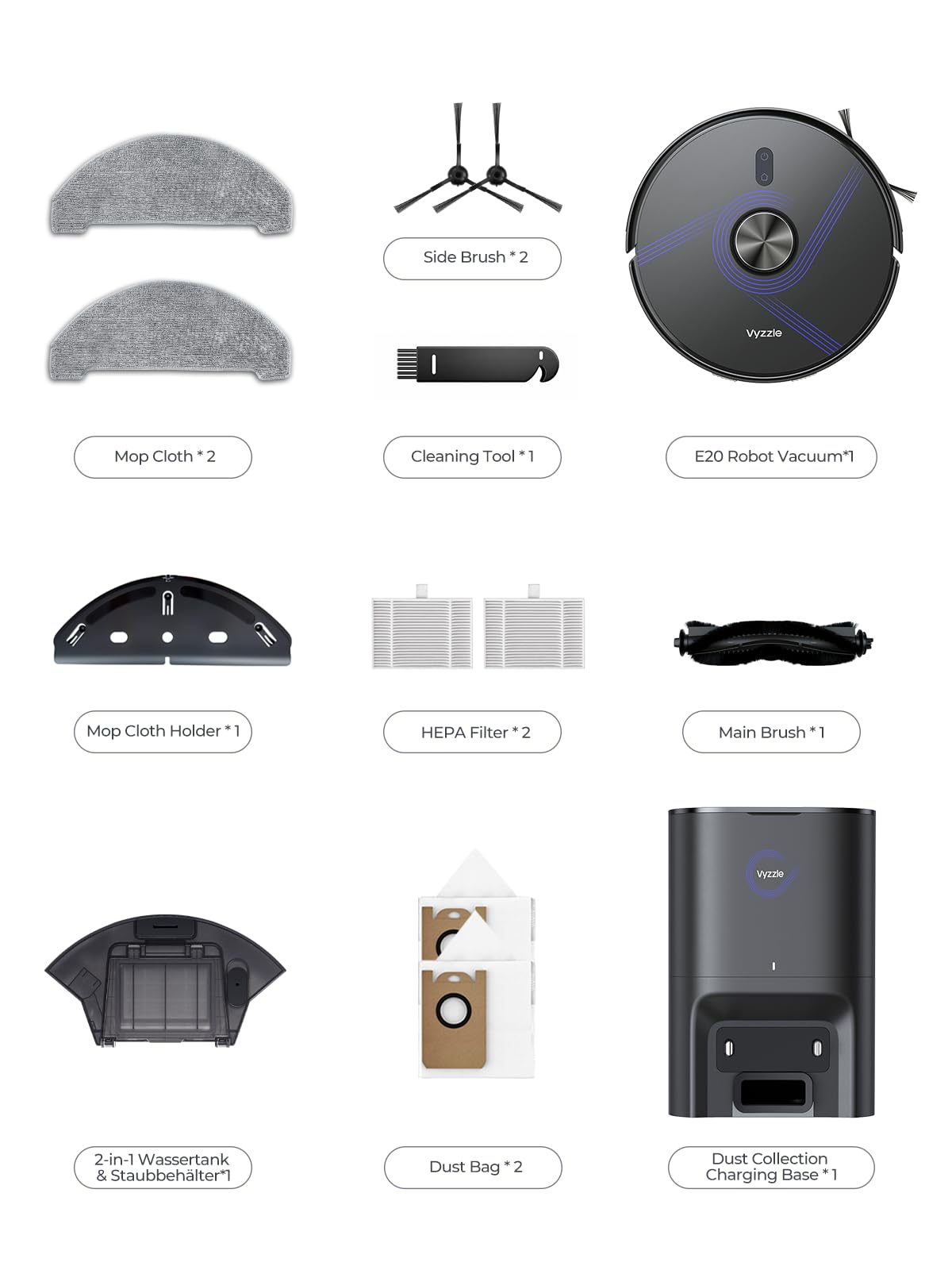Vyzzle Robot Vacuum and Mop, 8000Pa Self Emptying Robot Vacuum with LiDAR Navigation & Smart Mapping, Robotic Vacuum Cleaner for Pet Hair, Carpet & Hard Floors, 180Min Runtime, App/Alexa Control, E20
