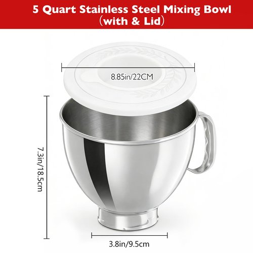 5 Quart Stainless Steel Mixing Bowl With Handle and Lid - Compatible with KitchenAid 4.5-5 QT Tilt-Head Stand Mixers (Classic & Artisan Series), Replacement Bowl for Models K45, K45SS, KSM150, KSM75