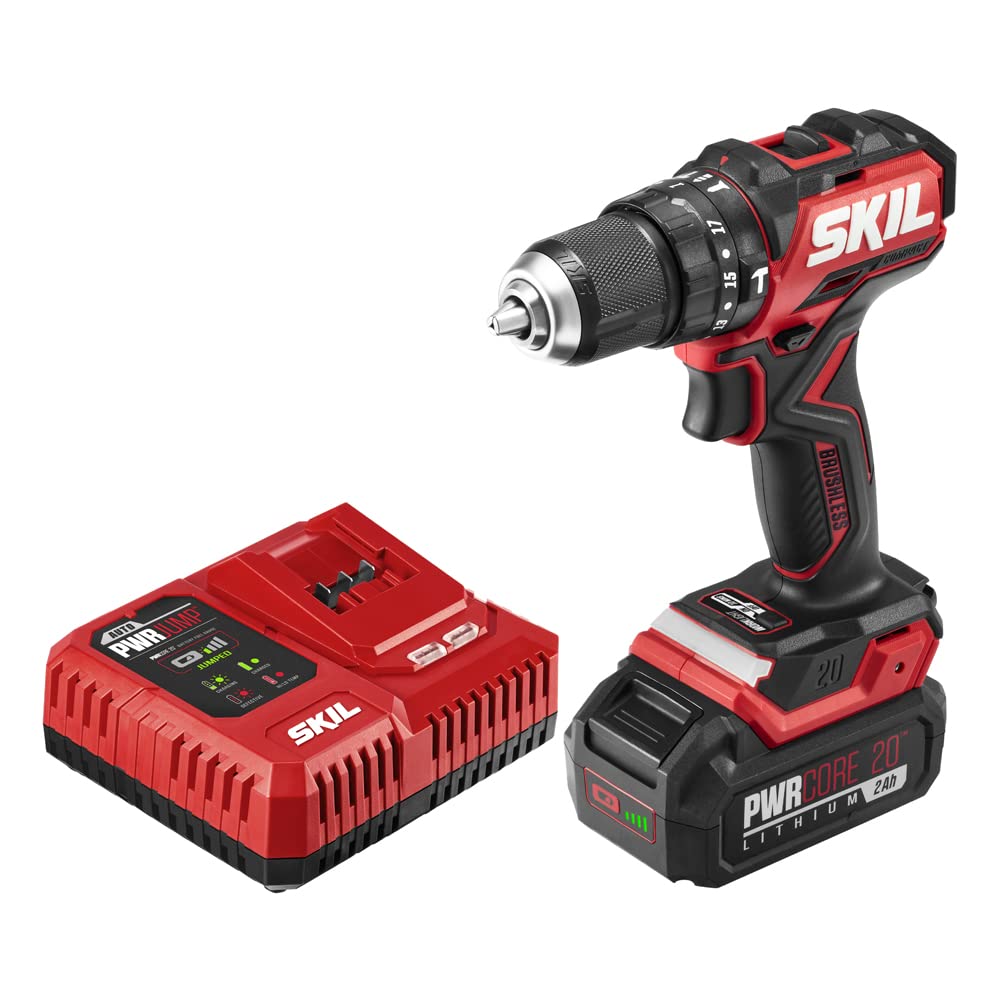 SKIL PWR CORE 20 Brushless 20V 1/2 in. Compact 3-in-1 Hammer Drill Kit with 1/2'' Single-Sleeve, Keyless Chuck & LED Worklight Includes 2.0Ah Battery and PWR Jump Charger - HD6294B-10