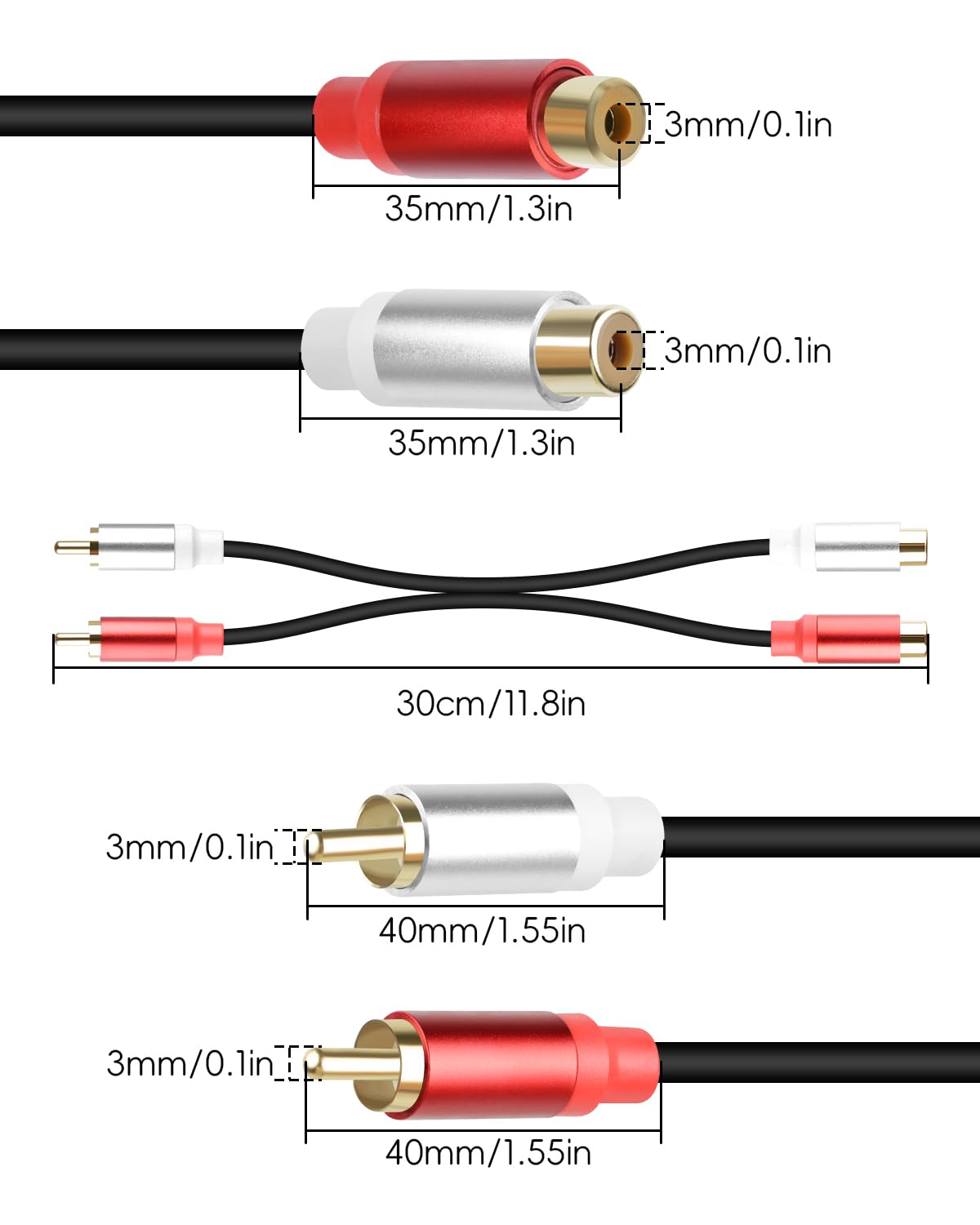2Pack 1FT, 2RCA 2RCA GELRHONR RCA Extension Cable Short Male to Female Stereo Audio Cable for Subwoofer, Speaker, Home