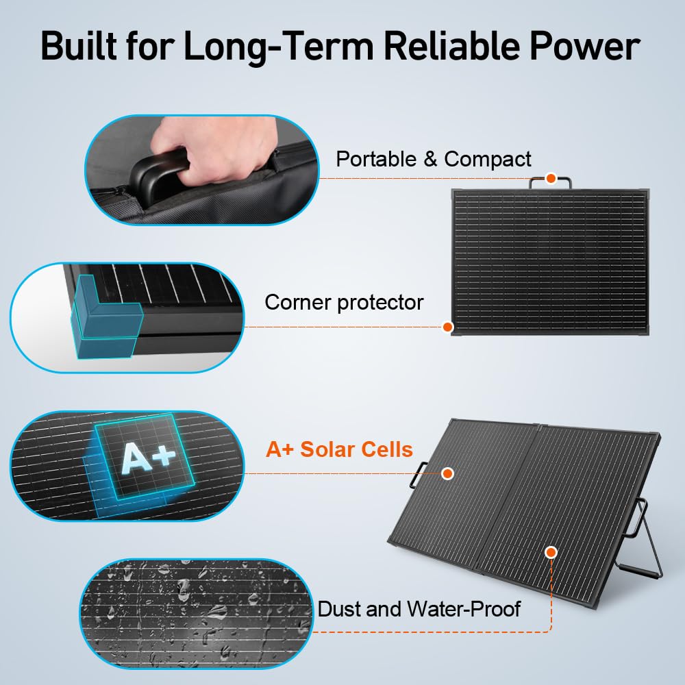 DOKIO Solar Suitcase 100W Portable Foldable Solar Panel 18v Monocrystalline 23.8 * 19.3 * 1.3in with Controller to Charge 12 Volts Batteries (All Lead/Acid Types: Vented AGM Gel) RV Camping Marine