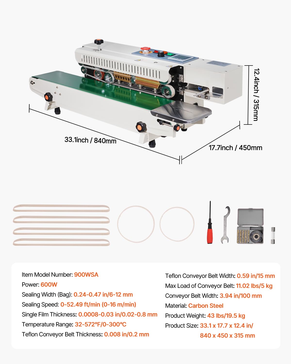 VEVOR Continuous Bag Band Sealing Machine, 0.24-0.47 in/6-12 mm Seal Width, Horizontal Band Sealer Machine with Digital Temperature Control, Bag Sealer for 0.02-0.8 mm Plastic Bags, Inflation Function