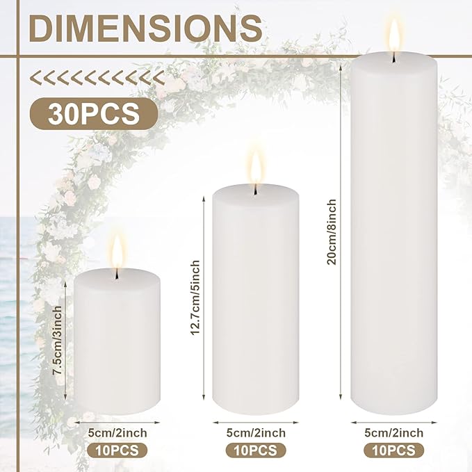 Amyhill Set of 30 White Unscented Pillar Candles 2 x 3, 2 x 5, 2 x 8 Inch Large Tall Pillar Candles Bulk Rustic Emergency Big Cotton Wick Wax for Wedding Home Restaurants Spa Church Decorations