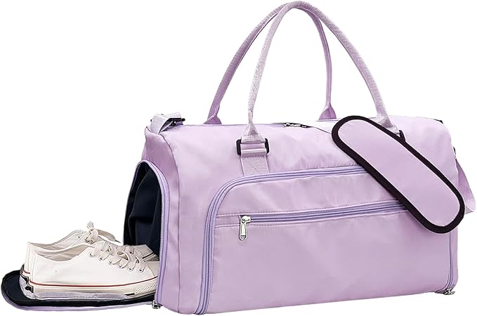 woogwin Small Gym Bag for Men & Women with Shoes & Wet Compartment Waterproof Duffle Bag for Travel Sports Workout Overnight Weekender (17.7'',Purple)