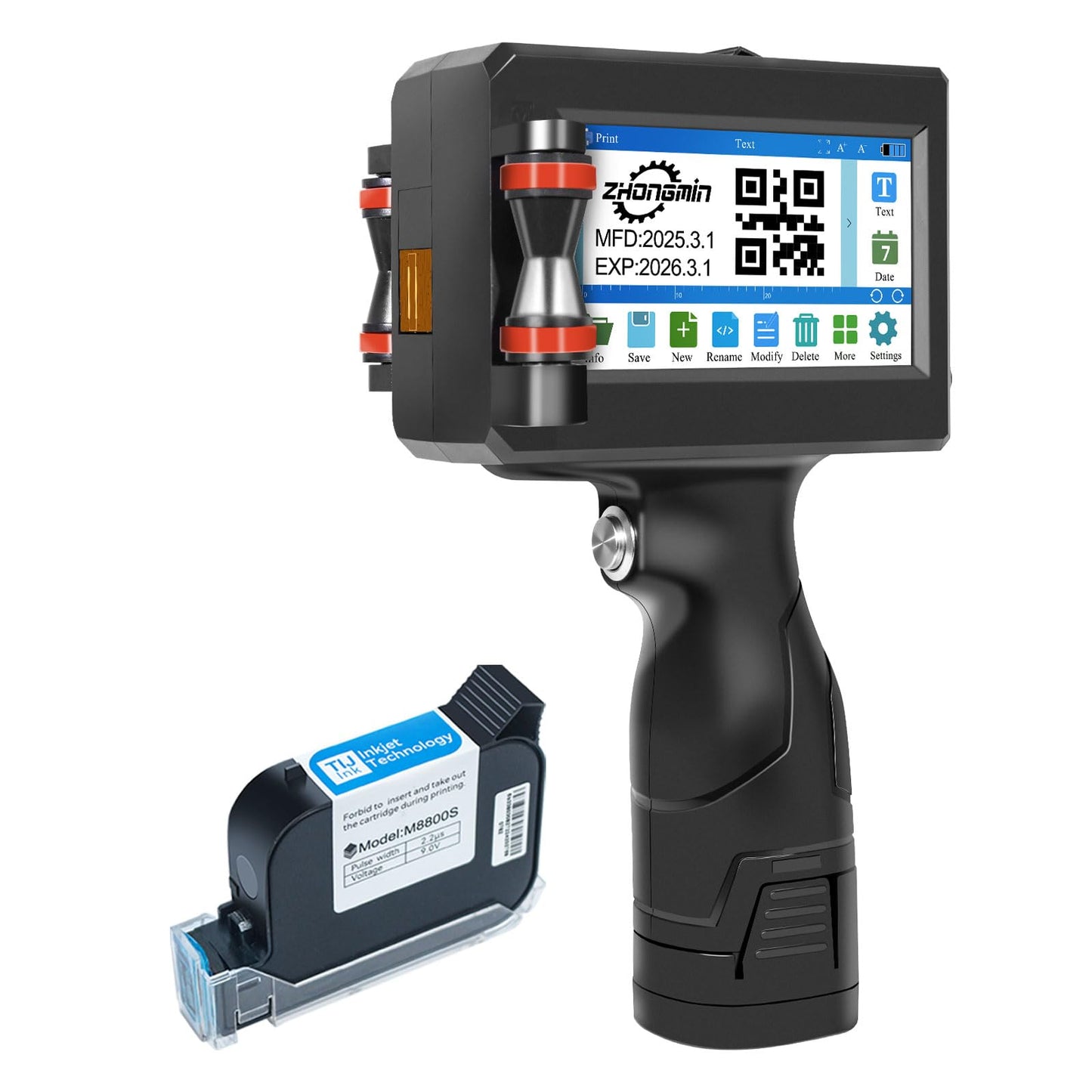 ZHONGMIN Handheld Inkjet Printer with 42ml Quick-Drying Ink Cartridge, Portable Ink Jet Coding Machine for Text/Date/Batch Number/QR Code/Barcode/Logo, Print Height from 0.08 to 0.5 Inch (ZM-C800)