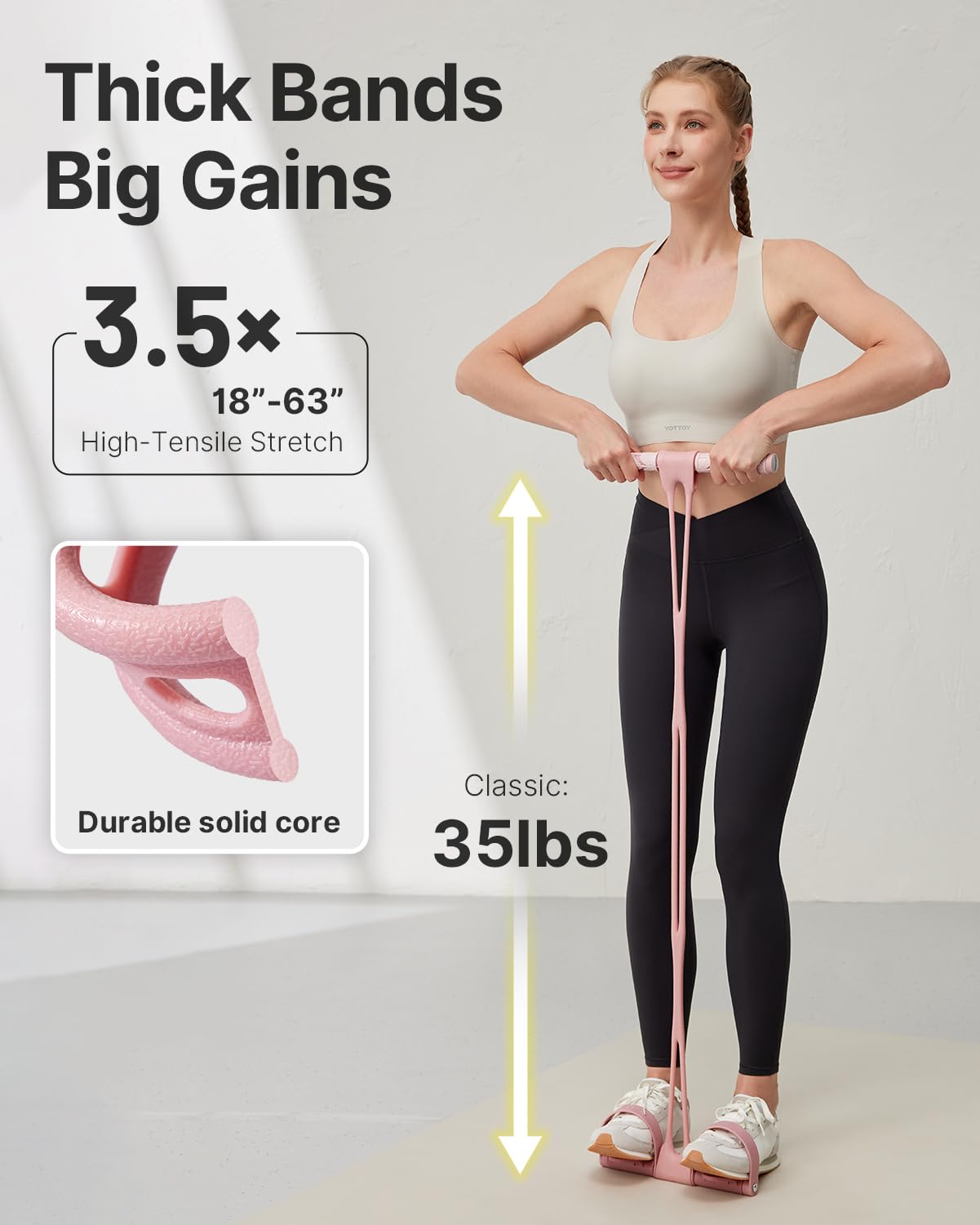 YOTTOY Pedal Resistance Band, Thick Elastic Tension Rope with Handles, Sit-Up Pull Rope Fitness Equipment for Leg, Arm, Abs, Waist, Home Gym & Yoga Training for Women & Men (Pink, 35 pounds)