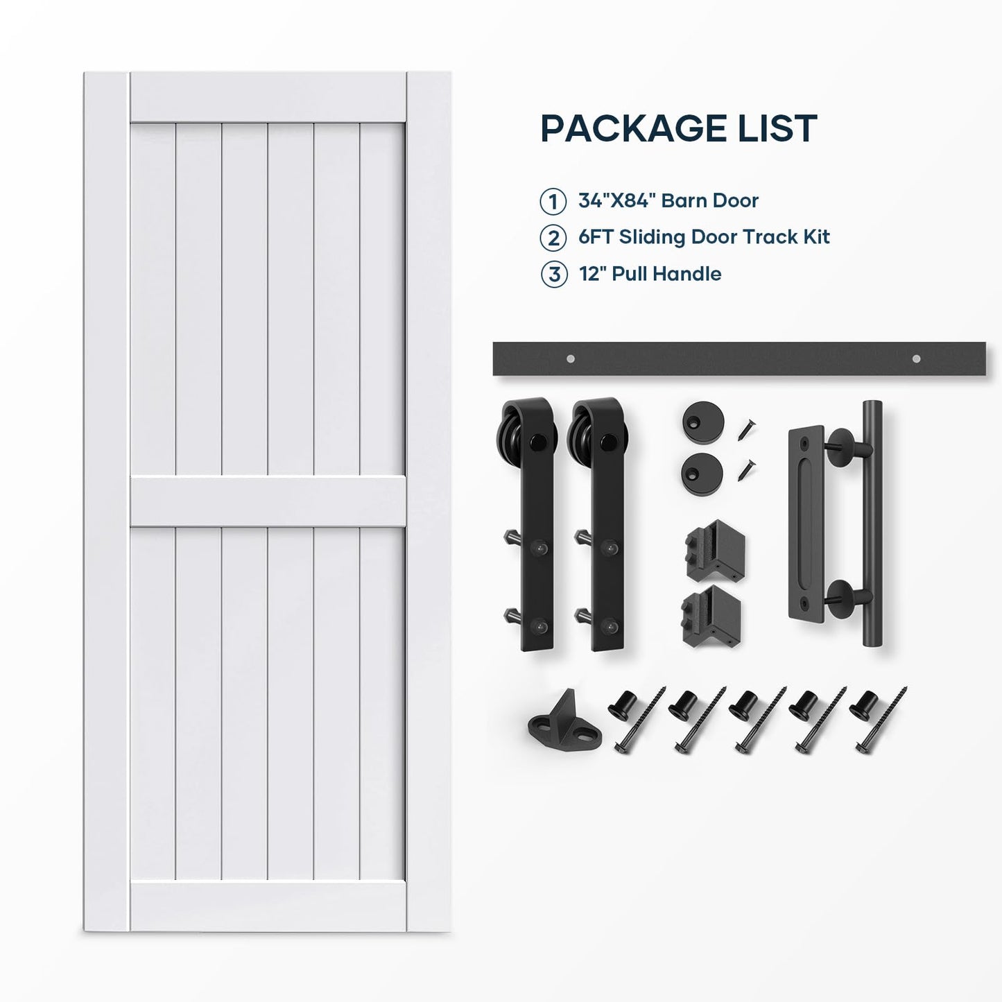 EaseLife 34 x 84 inch White Barn Door with 6FT Sliding Door Hardware Kit Included & Handle,Solid Wood Covered with Waterproof PVC Surface,DIY Assemblely,Easy Install,H-Frame,Fit 30-32in Wide Opening