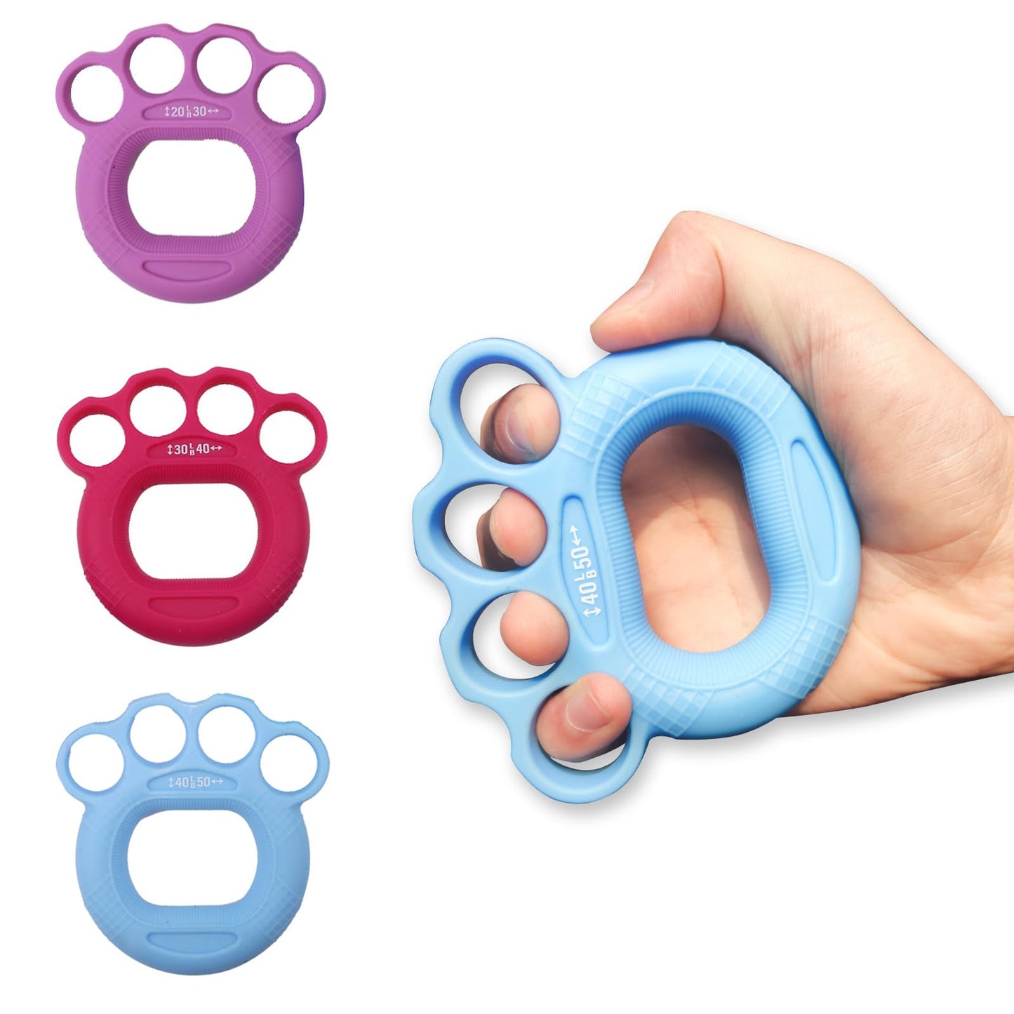 3 Pack Finger Exerciser & Hand Grip Strengthener, 3 Resistance Levels (20–50 lbs), Ergonomic Silicone Hand Strengthener for Rehab, Arthritis & Therapy, Ideal for Musicians, Climbers, Seniors