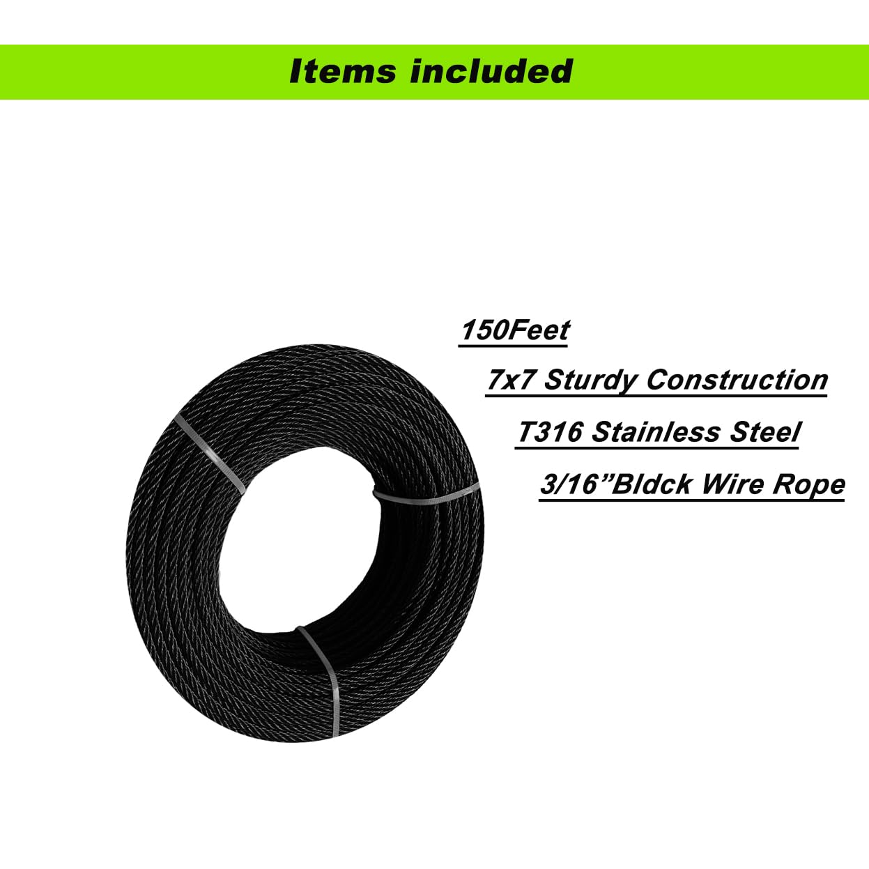 Sowtowe 3/16" Black Wire Rope, 150ft Aircraft Cable, T316 Stainless Steel, 7 x 7 Strand Construction, for Deck Cable Railing Hardware Kit