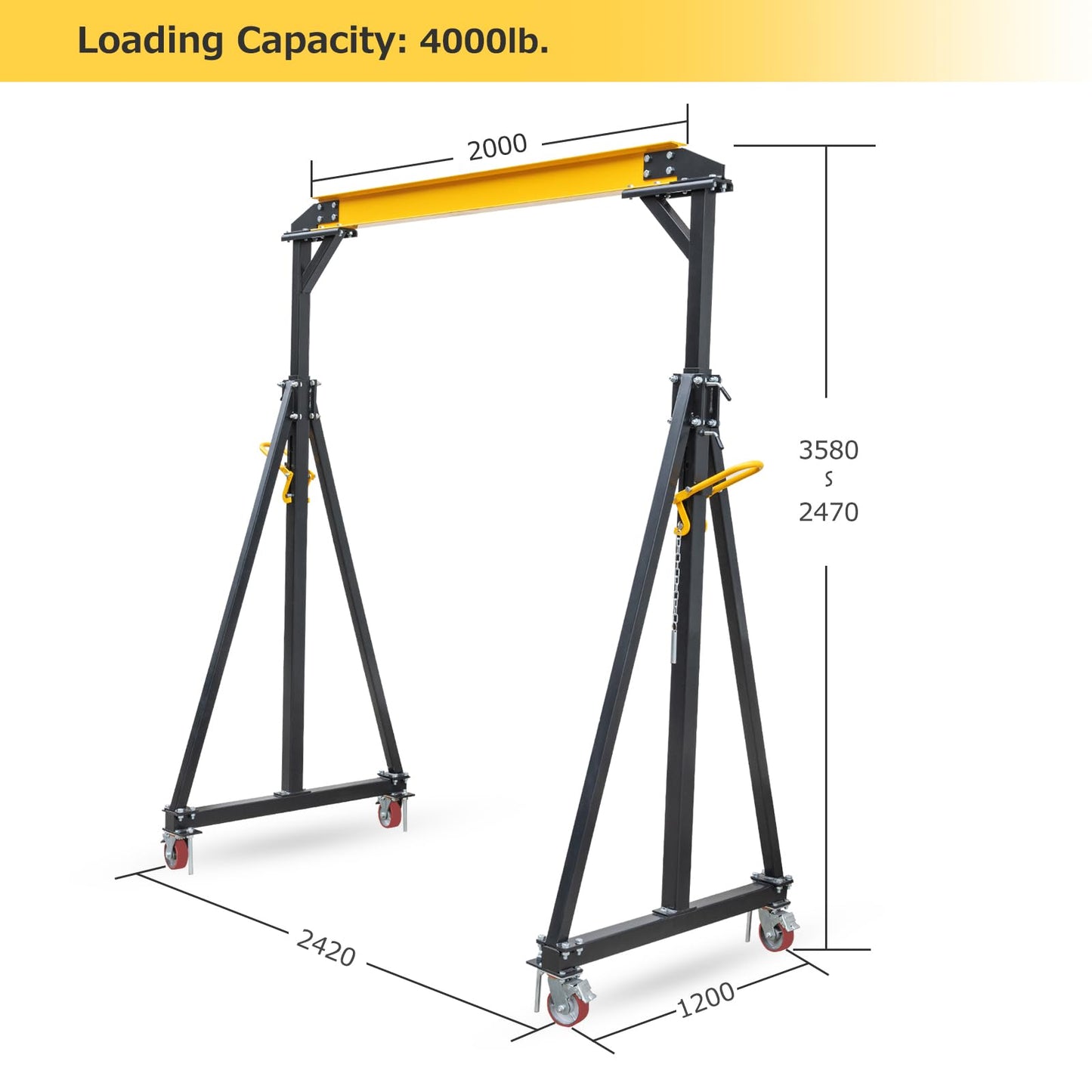 Adjustable Gantry Crane 2 Ton, 4400 LBS Capacity Portable Workshop Hoist, Heavy Duty Steel Gantry Frame with 97" to 141" Height Adjustment for Factories and Warehouses