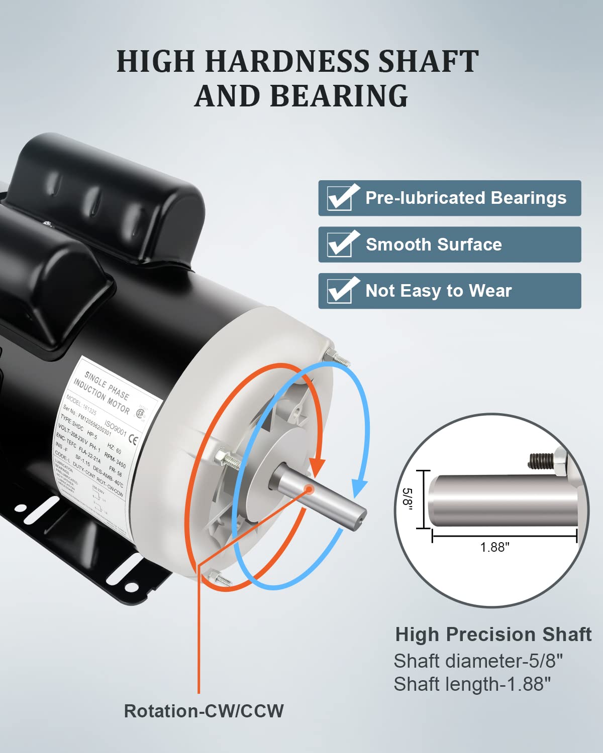 Electric Motor 5HP, 3450 RPM Farm Duty Motor, Single Phase Motor 56 Frame 208-230V 5/8" Shaft Diameter 60Hz CW/CCW TEFC