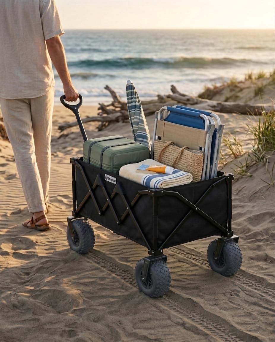 Beach Wagon with Heavy-Duty 10" Air Tires - All Terrain Folding Card with Big Wheels for Sand and Gravel - 300 LB. Capacity (Black)