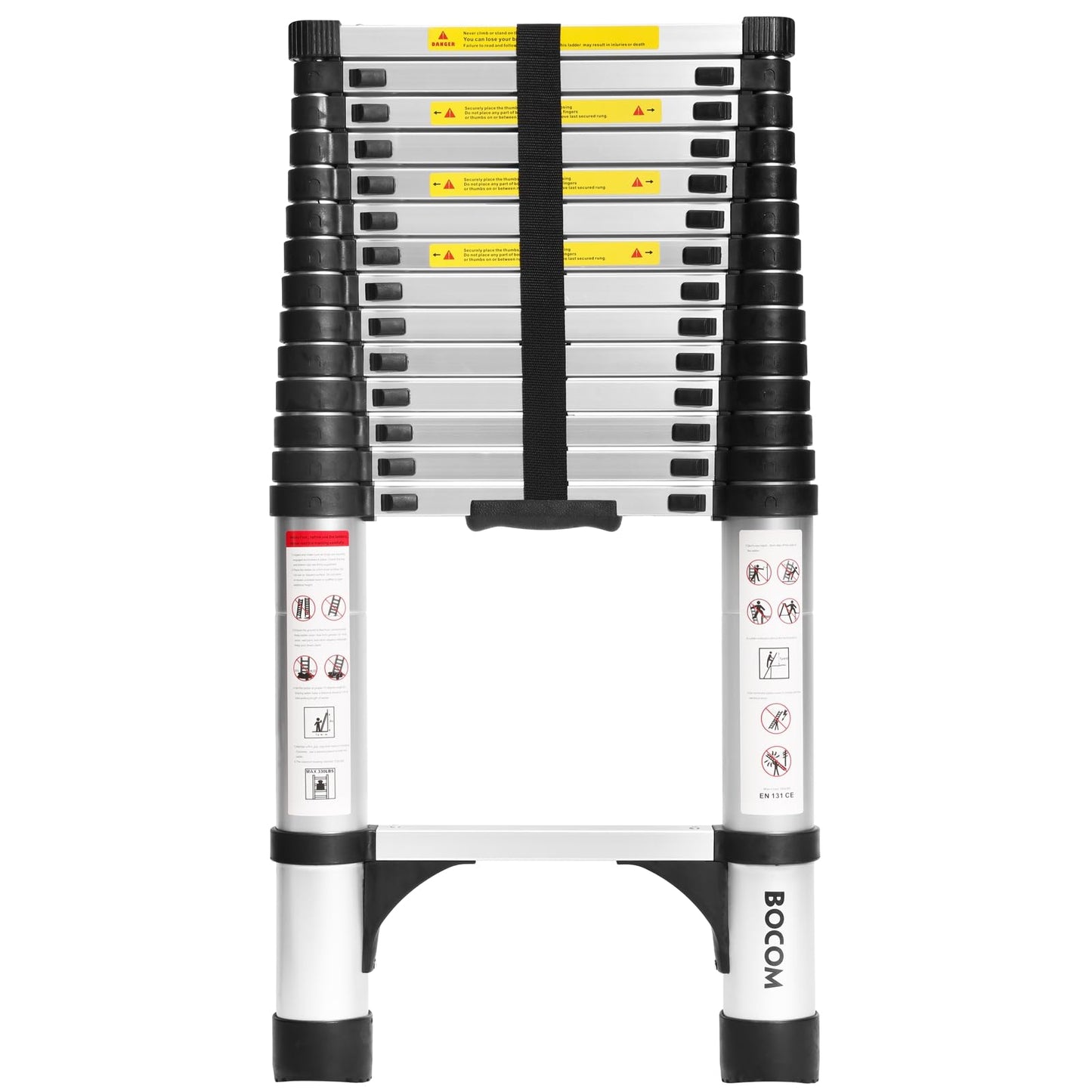 BOCOM 14.5 FT Aluminum Telescoping Ladder, Lightweight Multi-Purpose Collapsible Extension with 2 Triangle Stabilizers, Heavy Duty 330 lbs Max Capacity, Ideal for Home, RV, and Outdoor Work Silver