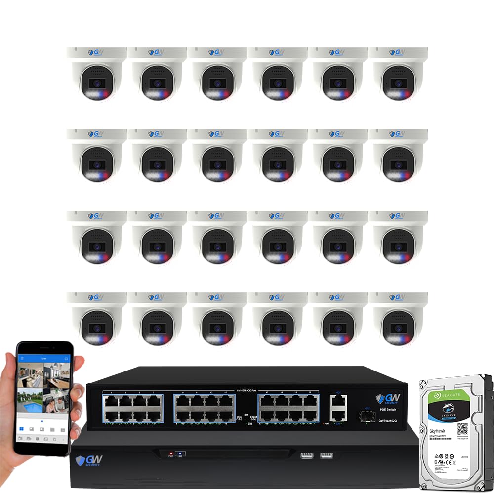 GW Security 32 Channel 12MP NVR UltraHD License Plate/Face Recognition NDAA & TAA Compliant Security Camera System with 24 x 5MP Outdoor & Indoor Color Night Vision Two-Way Audio PoE Dome Cameras