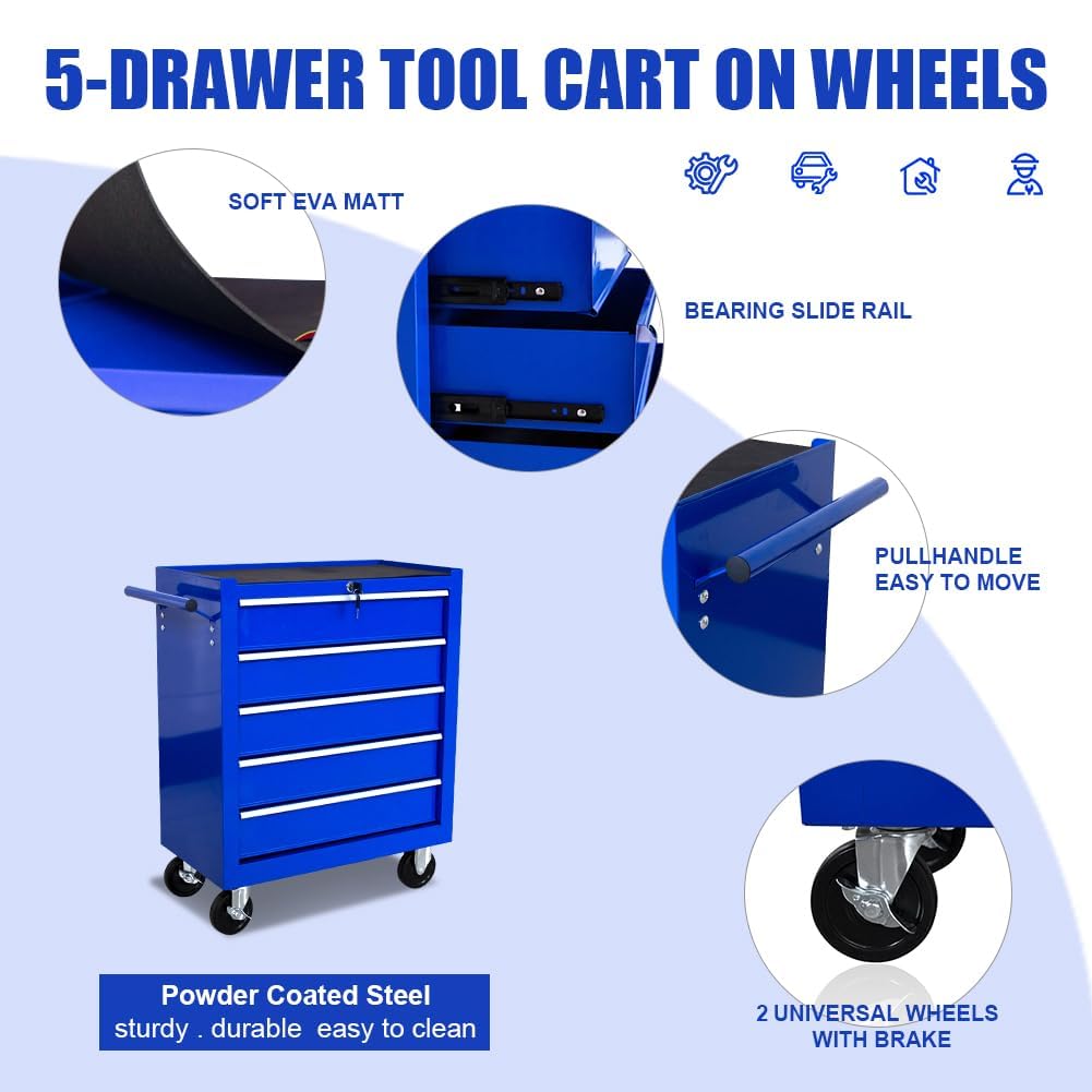 Torin 5 Drawer Tool Chest on Wheels, Rolling Garage Tool Storage Cabinet Workshop Organizer with Locking System for Garage, Warehouse, Workshop, Repair Shop