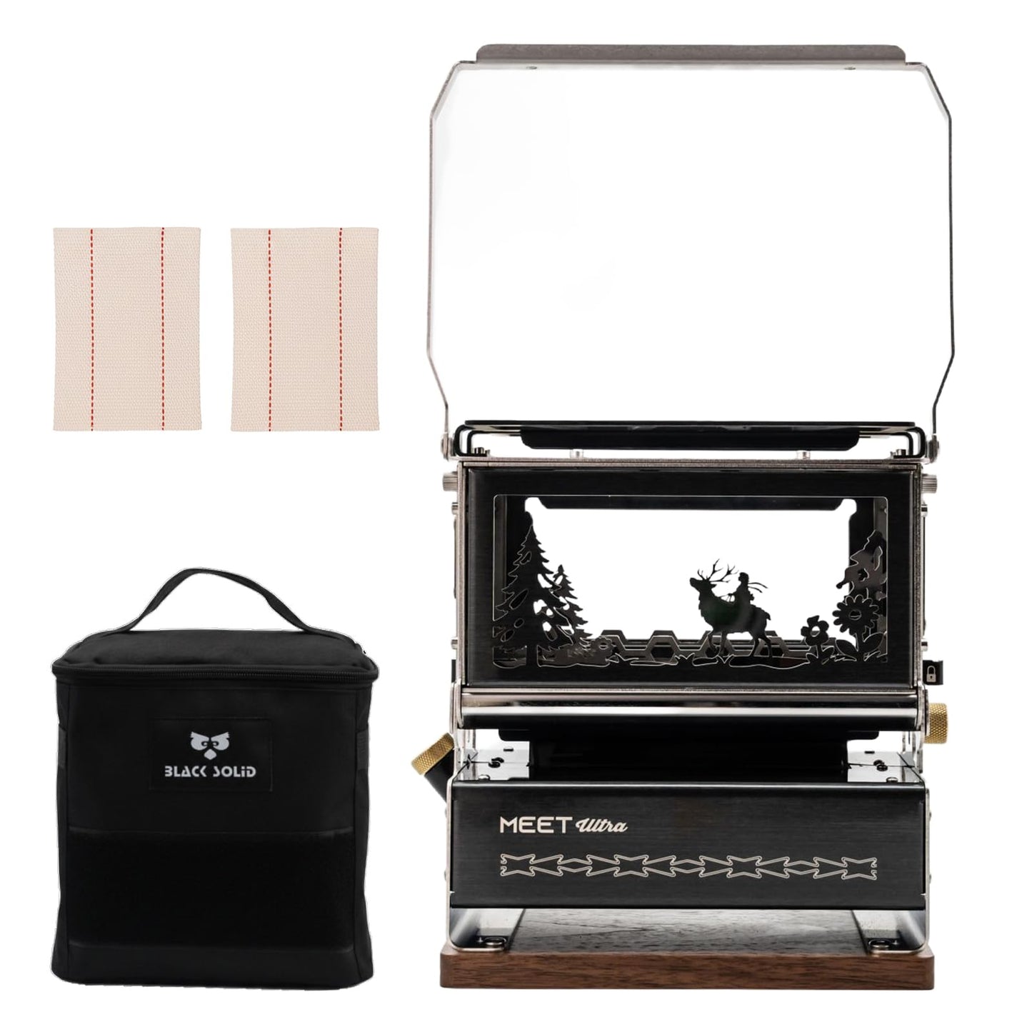 BLACKSOLID YJ Ultra Iron Stove Oil Lantern, 3-Sided Flame View with Removable Deer Silhouette, 304 Stainless Steel Oil Lamp for Camping & Emergency, Storage Bag Included