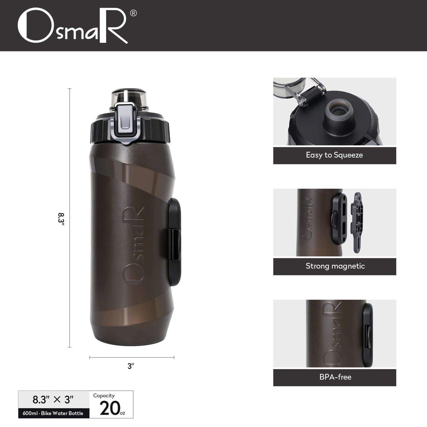 Magnetic Cycling Water Bottle with Bike Mount – 600ml / 20oz, Quick Snap-Release, Cage-Free, One-Handed Access – M5 Screws Included – Fits MTB, Road & Gravel Bikes