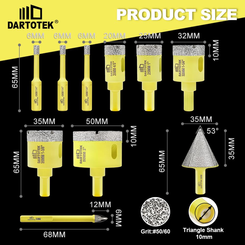 Diamond Core Drill Bits Set 10PCS - DARTOTEK Tile Hole Saw Kit (6/6/6/20/25/32/35/50mm/1 3/8"/6mm for Porcelain, Ceramic Tile, Granite, Marble, Masonry