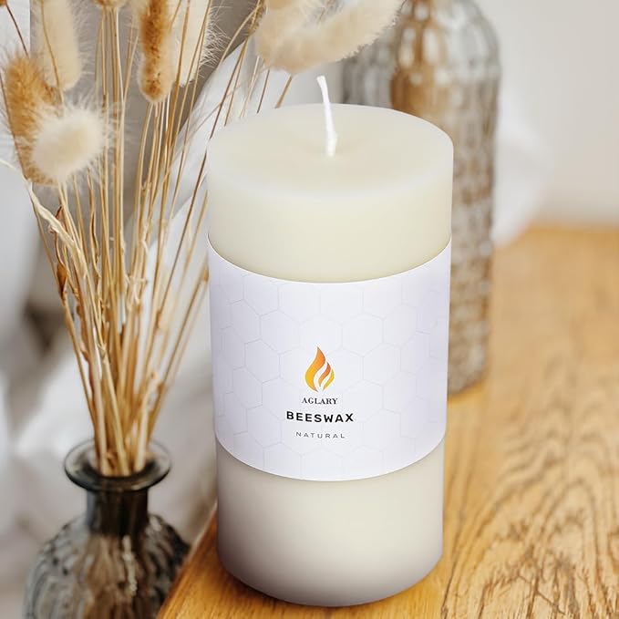 3PCS 3"x 6" Large Beeswax Pillar Candles, Made of Pure Natural Beeswax, with Ultra Long Burning Time and Low Allergenicity-White,82H