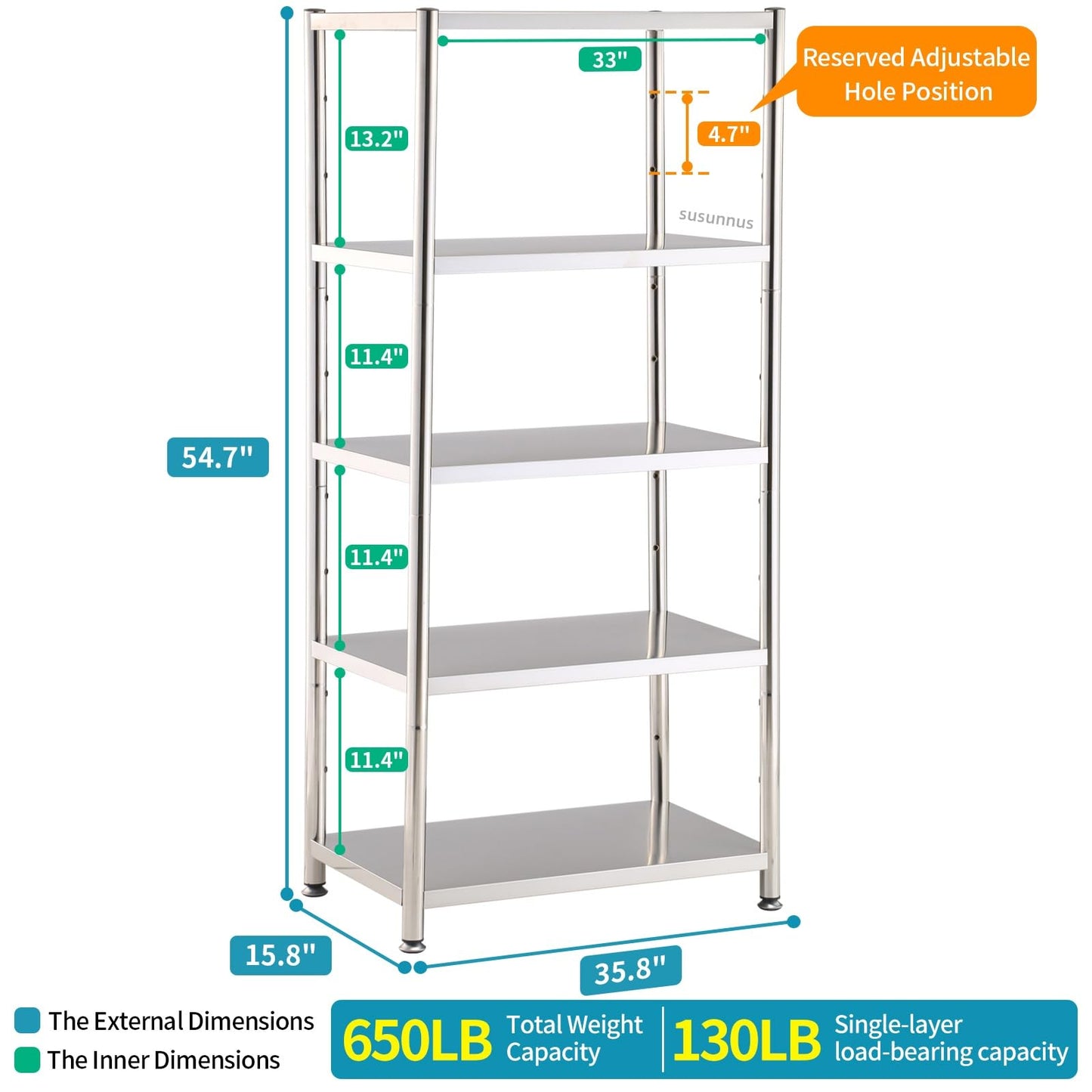 susunnus 5-Tier Stainless Steel Shelf, Heavy Duty Shelving for Kitchen, Garage, Industrial Storage, Kitchen Shelves Adjustable Feet, Easy to Clean (5T-35.8in*15.8in(Without guardrails))