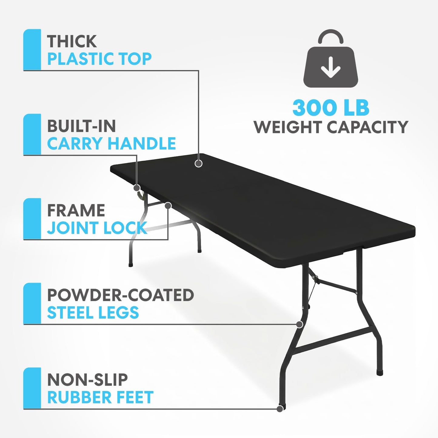 Simpli-Magic 8ft Portable Plastic Folding Table – Indoor & Outdoor Heavy-Duty Foldable Utility Table w/Handle for Party & Camping (Black)