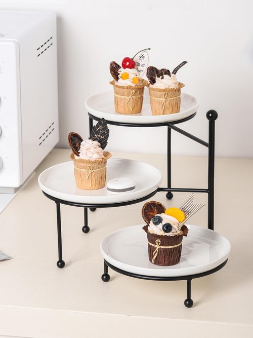 Kanwone 3 Tiered Serving Stand with White Porcelain Plates, Tiered Tray Stand, Dessert Table Display Set, 8" x 8" Tier Serving Trays with Black Metal Stand for Entertaining, 3 Tier Dessert Stand