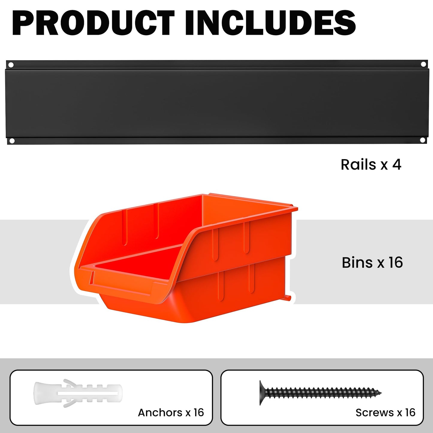 Ultrawall Wall Mounted Storage Bins, Plastic Hanging Storage Organizer Bins, Garage Tool Storage System for Screws, Nuts, Bolts, Nails, and Small Hardware Parts, 16x bins & 4 x rails, Orange