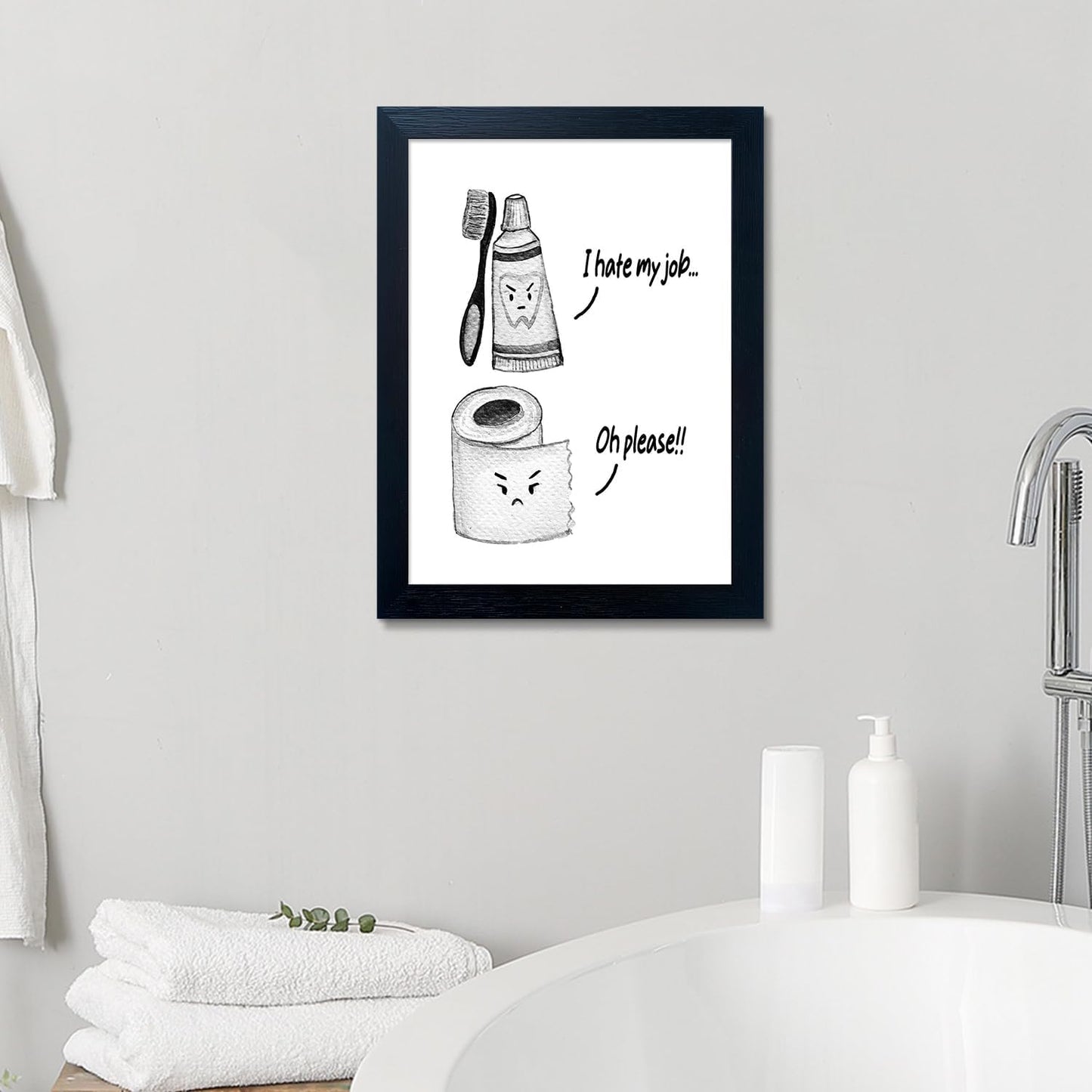 Skiennix Kids Bathroom Decor - Cute Framed Canvas Print with Funny Artwork | Modern Black and White Design