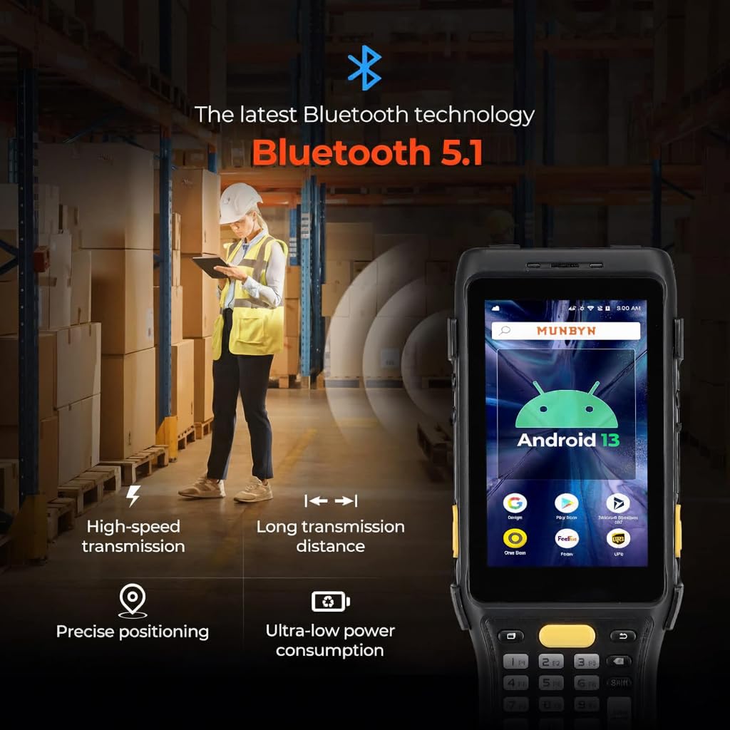 MUNBYN 088P 2025 New Long-Range-Android-Barcode-Scanner, Android 13 PDA, Equip with Zebra 4850 Scanner, Long Distance Inventory Scanner with Pistol Grip, 1D 2D QR for Warehouse
