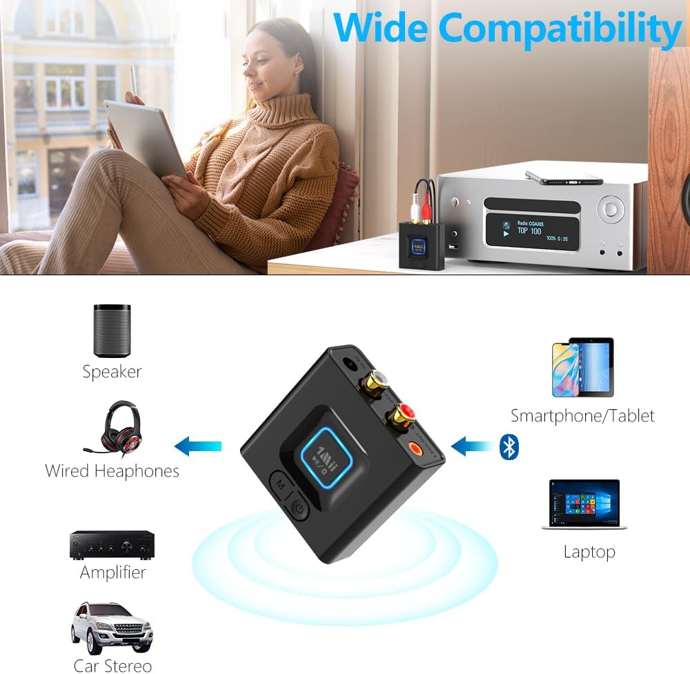 1Mii 5.1 3.5mm 12hrs Bluetooth Receiver for Home Stereo, Bluetooth Audio Adapter with RCA, Wireless Hi-Fi Music