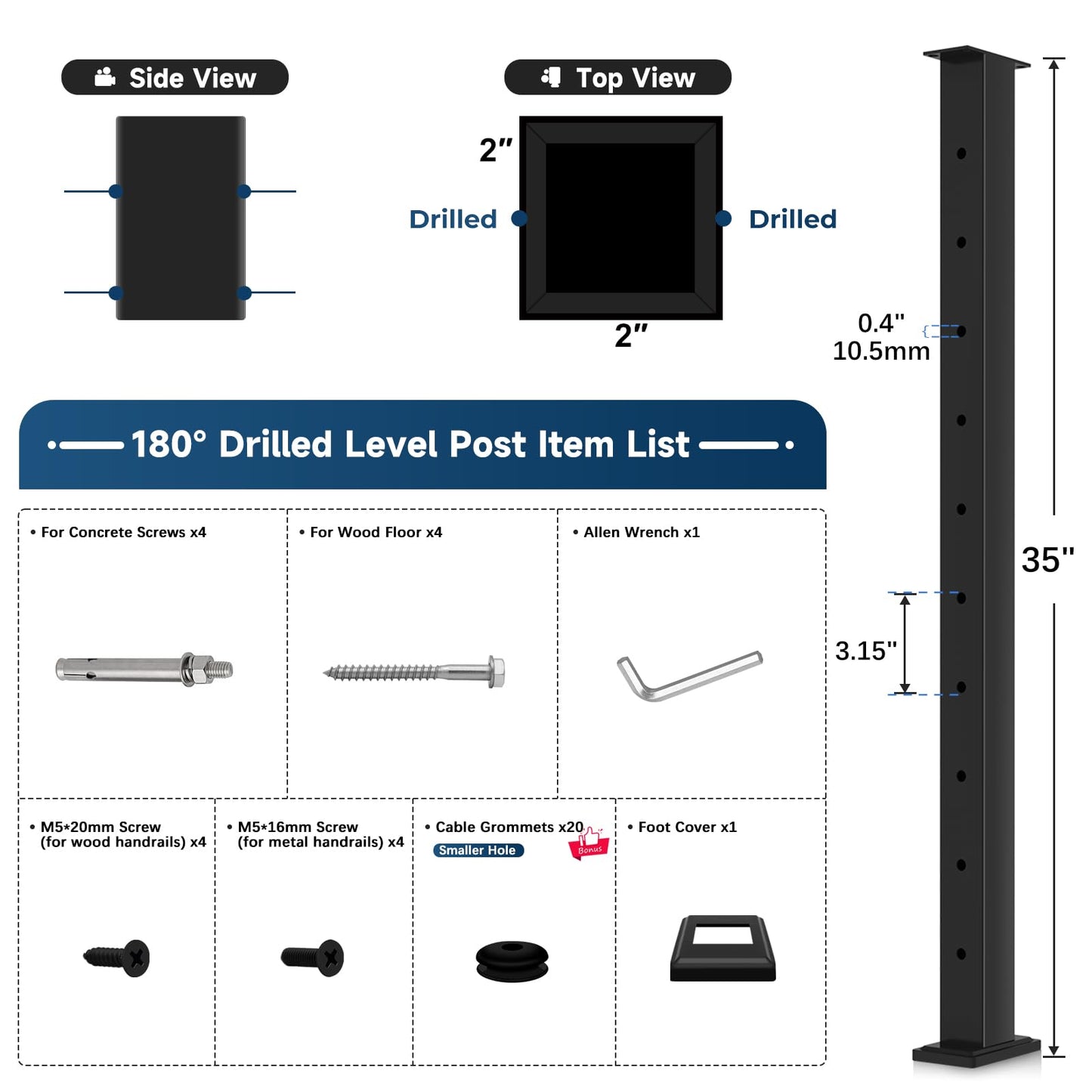 Gyykzz 36" Black Cable Railing Post, Fixed Top Level Drilled Line Post with Cable Grommets, Surface Mount T304 Stainless Steel Wire Railing Handrail Post for Indoor Outdoor Deck Cable Railing System